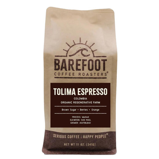 Coffee bag from Barefoot Coffee Roasters with Tolima Espresso label 11oz