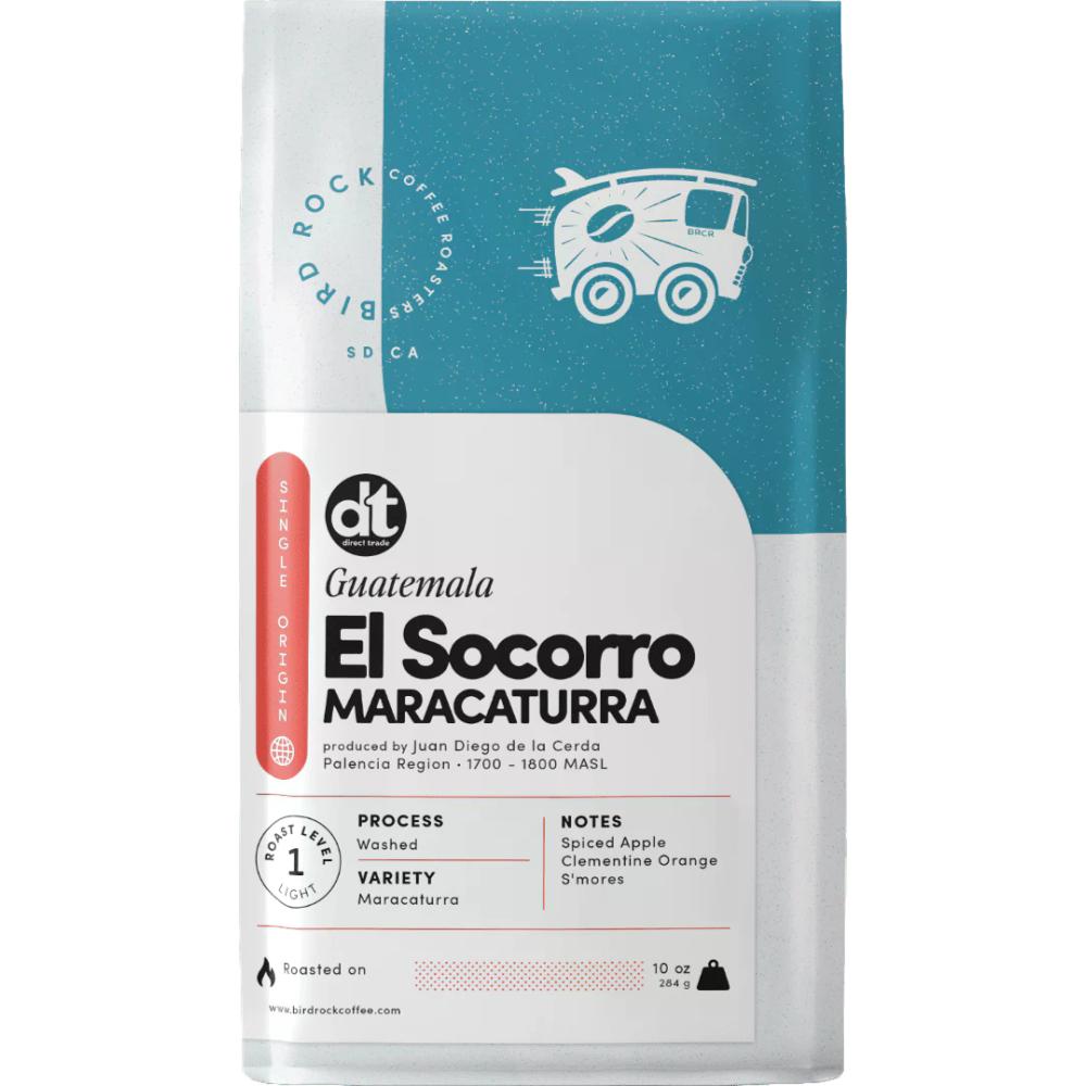 Coffee package with 'El Socorro Maracaturra' branding on a white background – Bird Rock Coffee main product