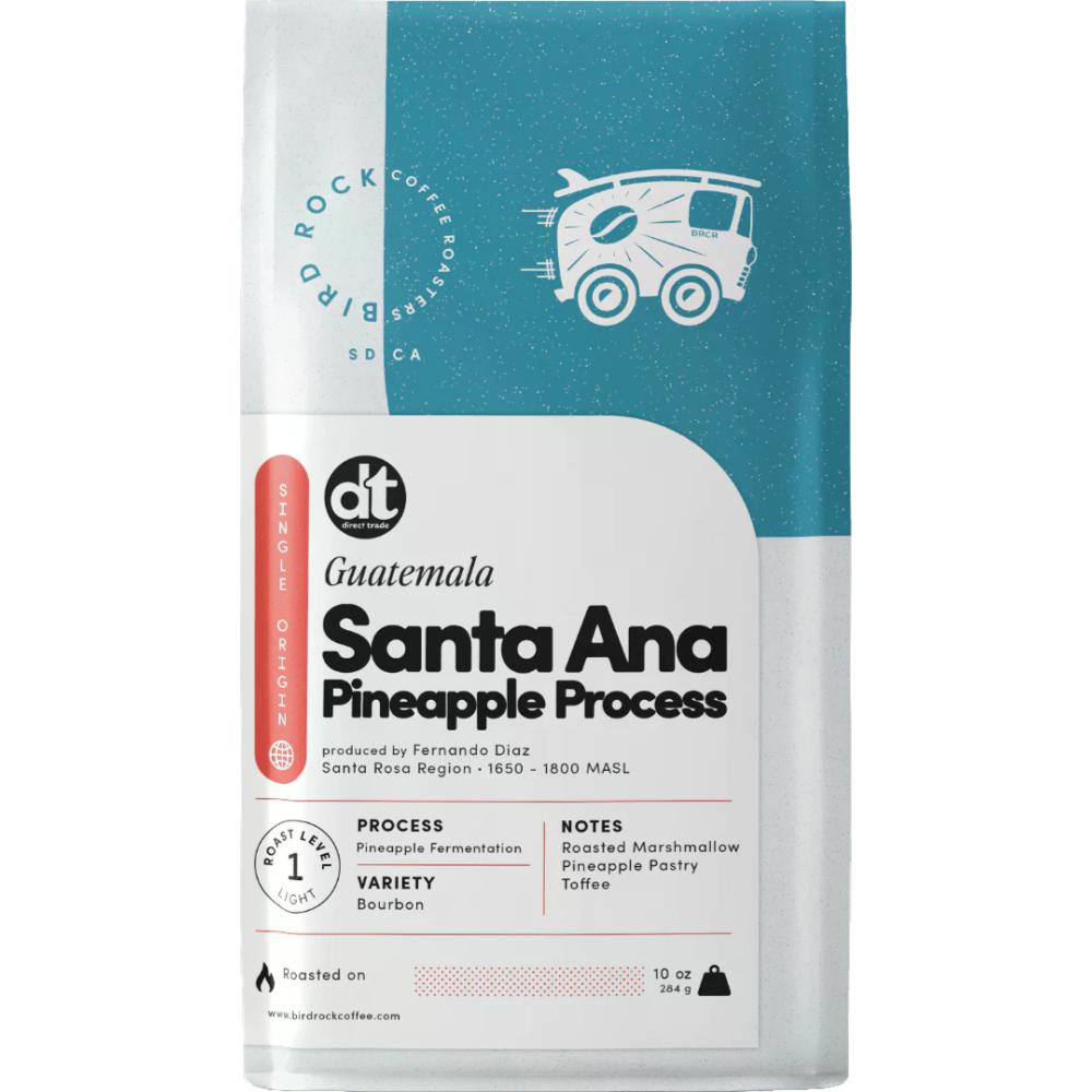 Coffee package with 'Guatemala Santa Ana Pineapple Process' branding on a white background – Bird Rock Coffee main product