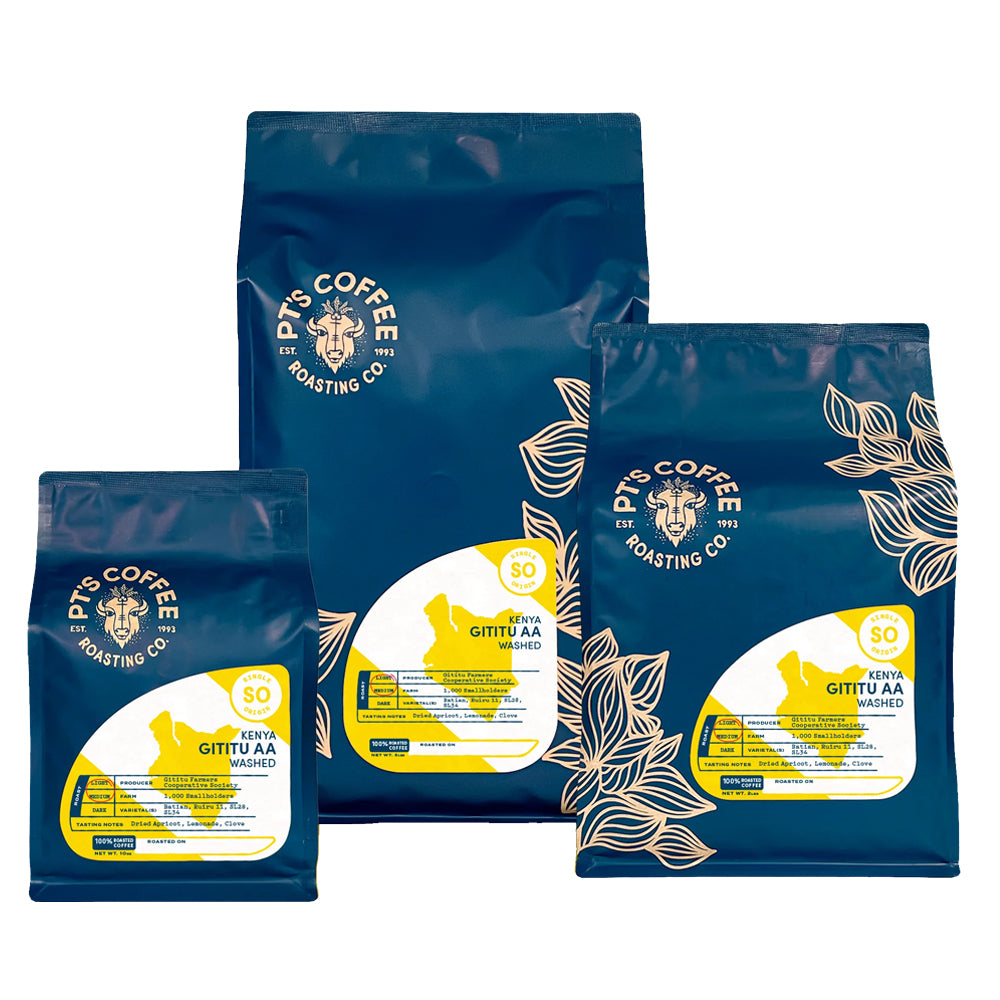 Three blue coffee bags with yellow labels featuring pts coffee kenya gititu aa washed – PT's Coffee main product