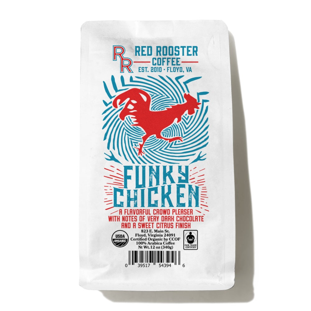 Bag of Red Rooster Organic Decaf Funky Chicken Coffee – Red Rooster Coffee main product