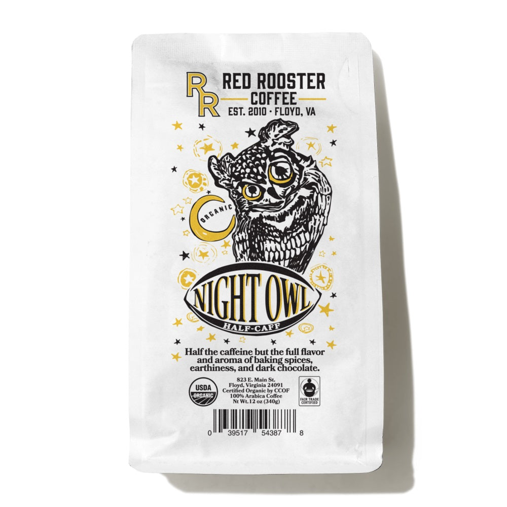 Bag of Red Rooster Organic Night Owl Half-Caff Coffee – Red Rooster Coffee main product