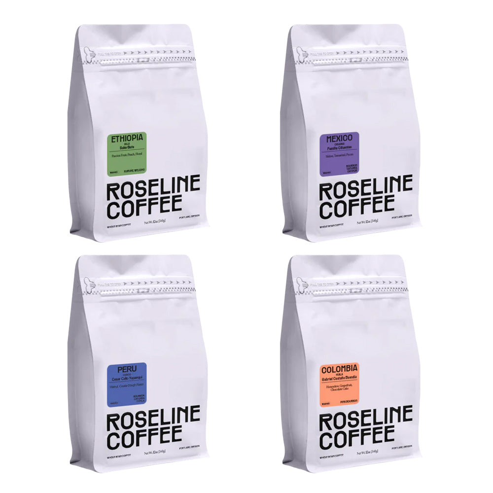 Four bags of the Roseline Coffee Single Origin Coffee Sampler