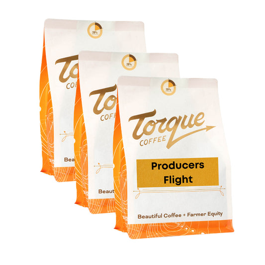 Three bags representing the Torque Coffee Producers Flight