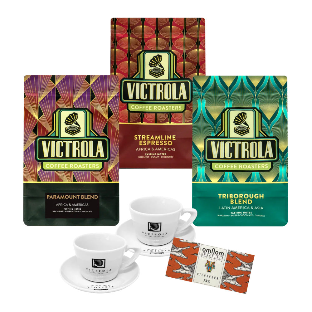 Victrola Coffee Roasters Triple Espresso Gift Bundle - 1 Chocolate Bar & 2 Porcelain Cups & Saucers – Victrola Coffee Roasters main product