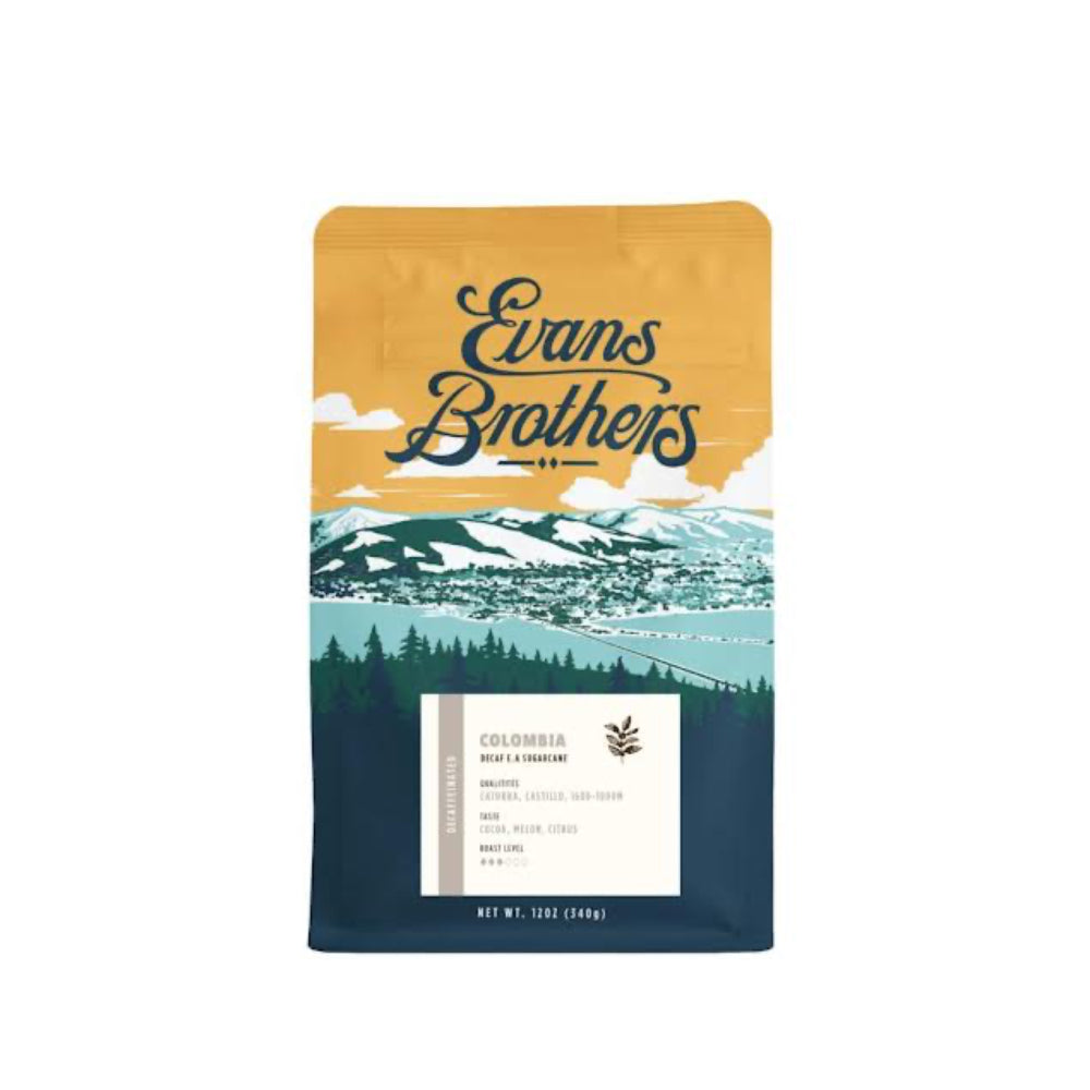 Evans Brothers coffee package with mountain and forest design on a white background