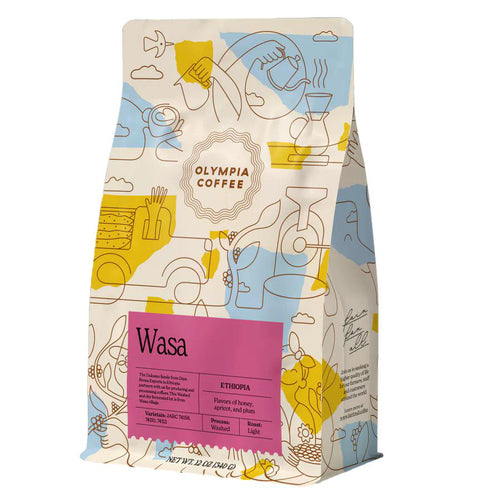 Olympia Coffee Wasa coffee bag with colorful design on a white background