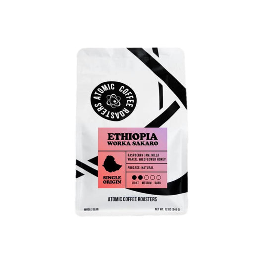 Coffee package from Atomic Coffee Roasters with a white background