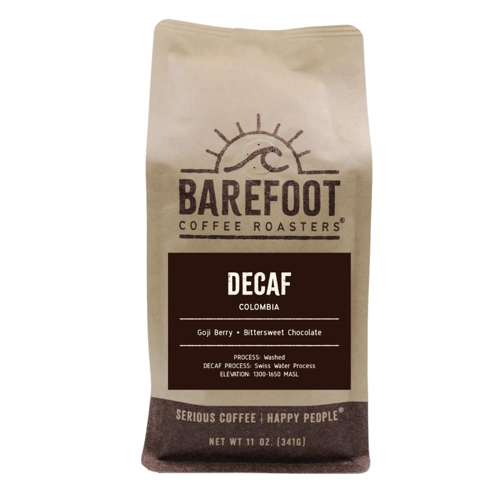 Coffee bag from Barefoot Coffee Roasters with decaf Colombia flavor details on a white background – Barefoot Coffee main product