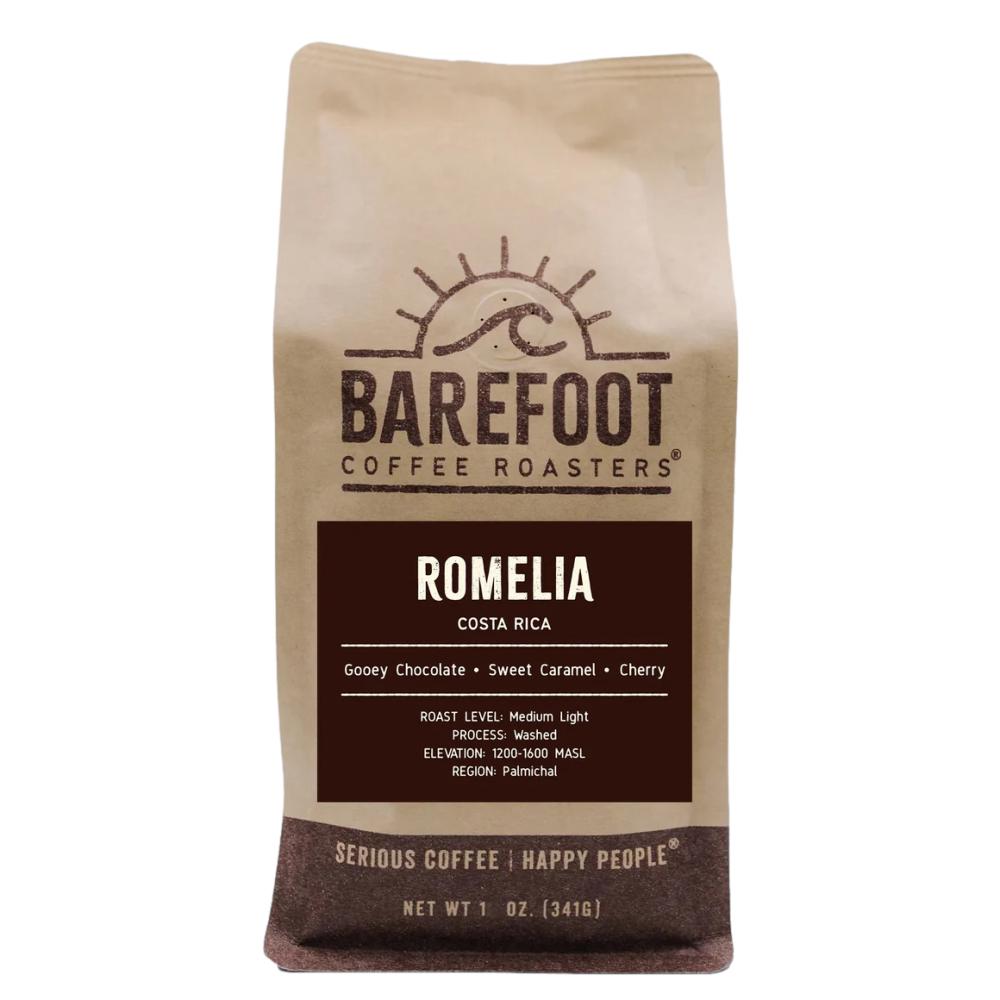 Coffee bag from Barefoot Coffee Roasters with 'Romelia' flavor description on a white background – Barefoot Coffee main product