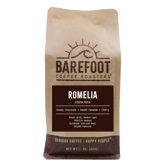 Coffee bag from Barefoot Coffee Roasters with 'Romelia' flavor description on a white background