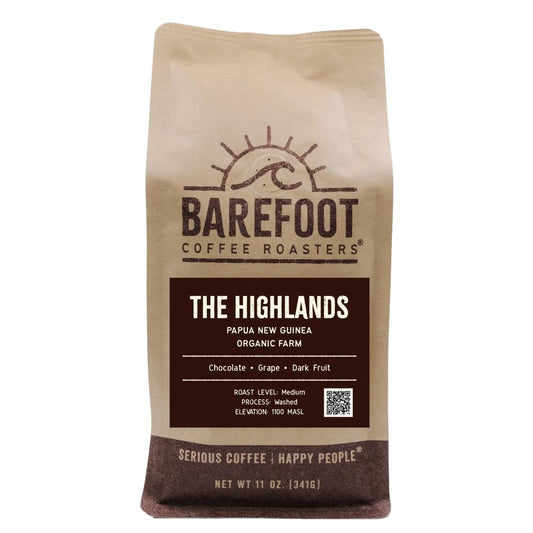 Coffee bag from Barefoot Coffee Roasters with 'The Highlands' flavor description on a white background