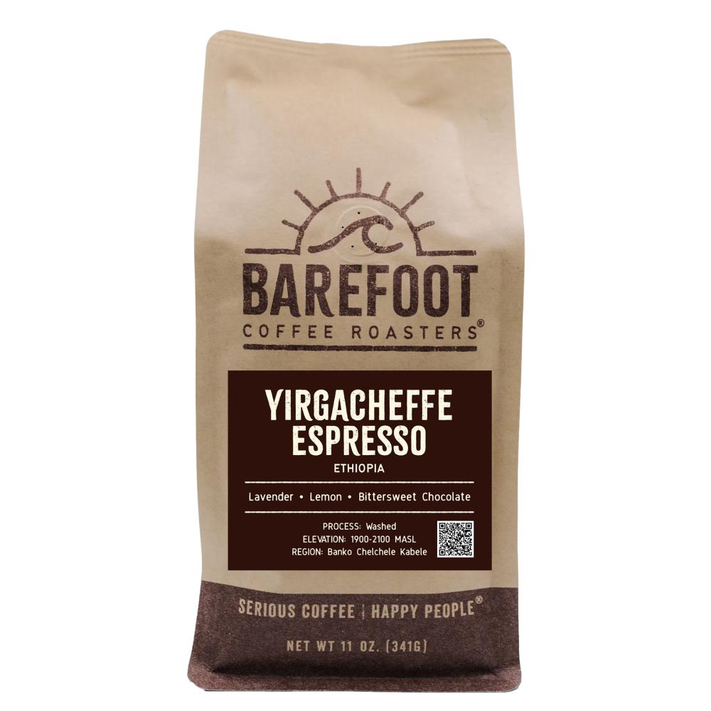 Coffee bag from Barefoot Coffee Roasters with Yirgacheffe Espresso label on a white background