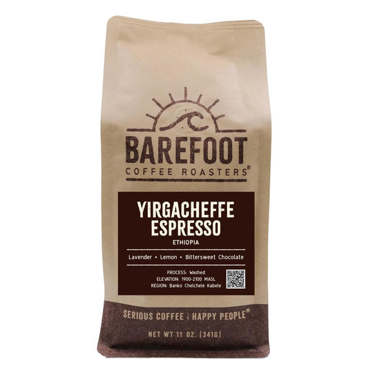 Coffee bag from Barefoot Coffee Roasters with Yirgacheffe Espresso label on a white background