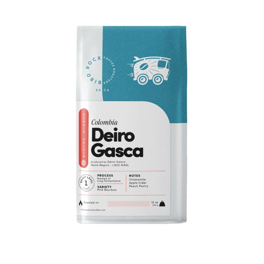 Coffee package labeled 'Deiro Gasca' with a blue and white design on a white background