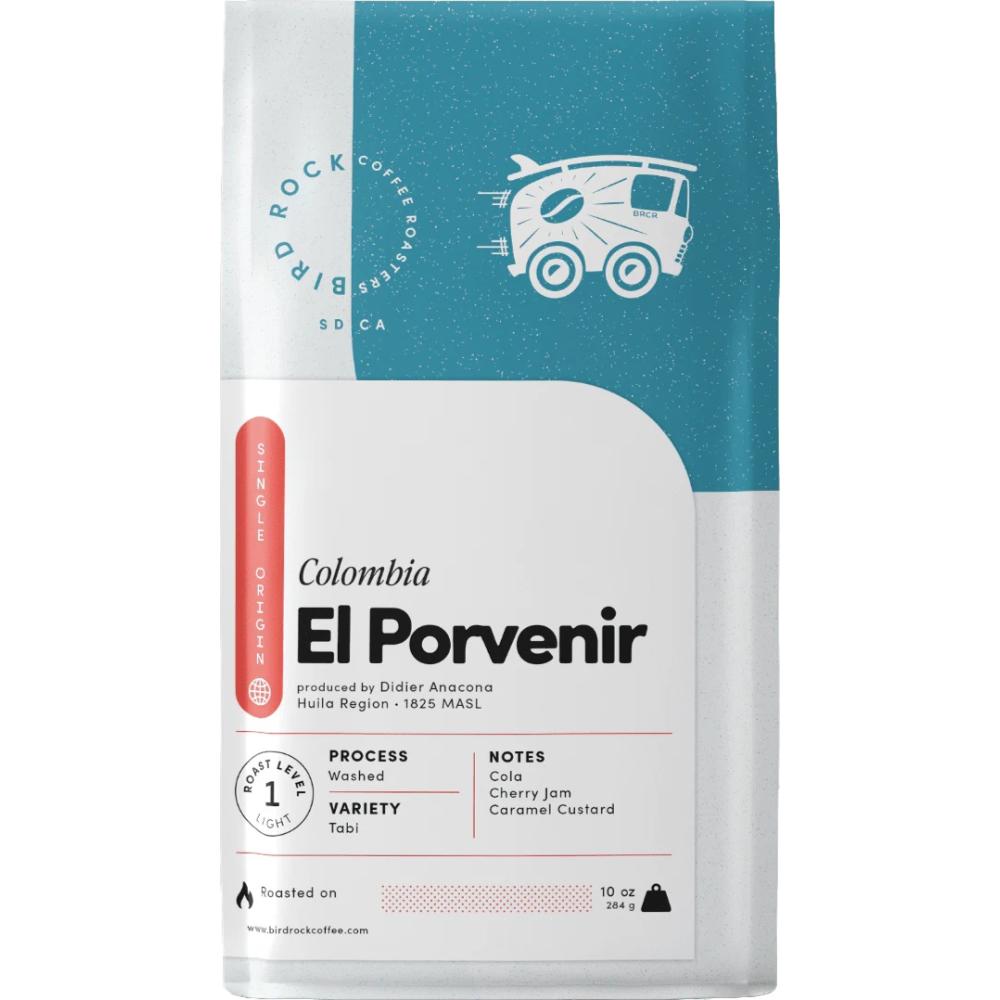 Coffee bag labeled 'Colombia El Porvenir' with branding and product details on a white background – Bird Rock Coffee main product