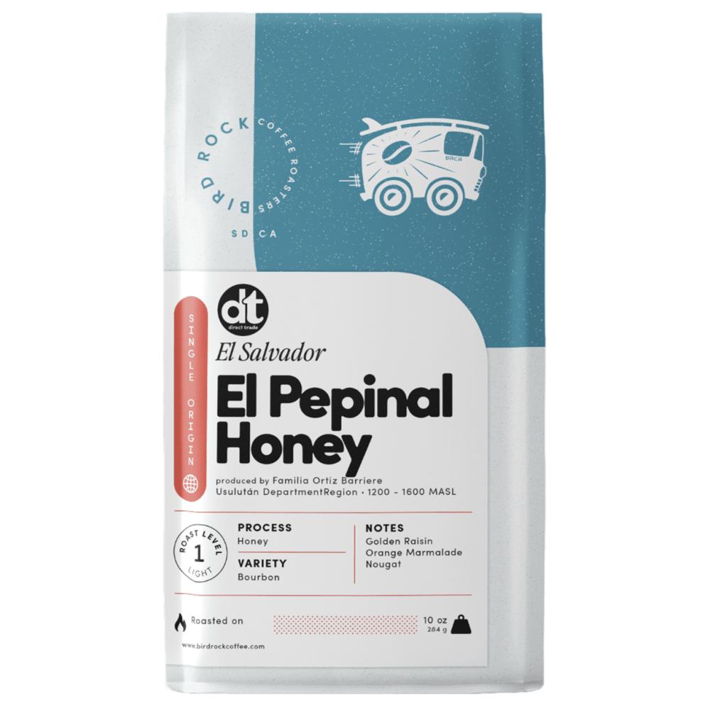 Coffee package labeled 'El Pepinal Honey' from El Salvador on a white background