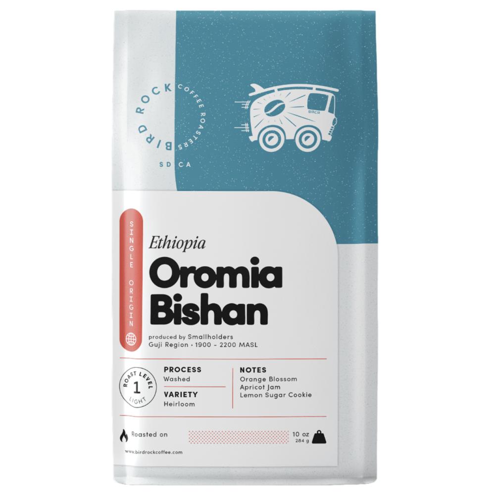 Coffee package labeled 'Ethiopia Oromia Bishan' with branding on a white background – Bird Rock Coffee main product