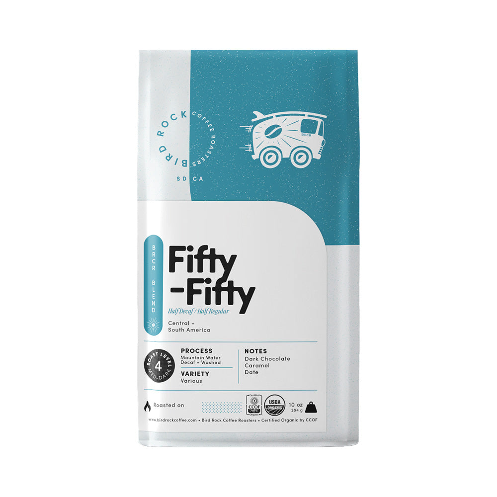 Bag of Bird Rock Coffee Roasters Fifty Fifty HJlf Decaf Half Regular