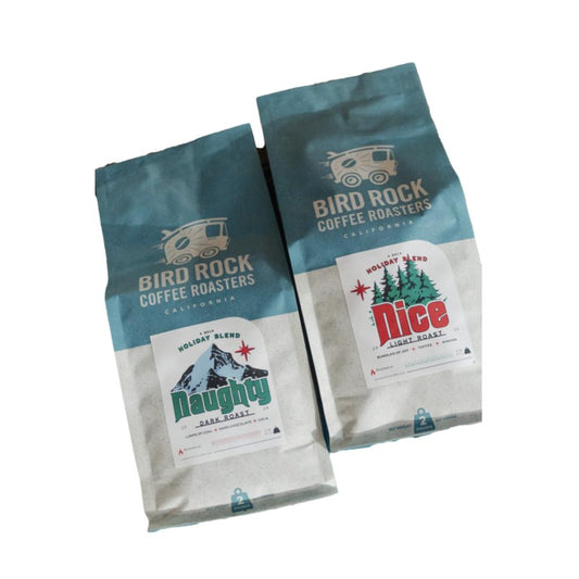 Two coffee bags from Bird Rock Coffee Roasters on a white background