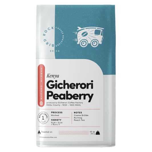 Coffee package with 'Big Rock Coffee' branding and 'Kenya Gicherori Peaberry' text.