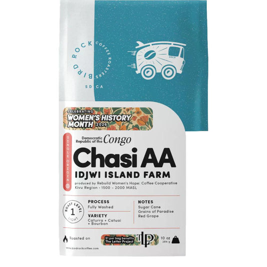 Coffee package with branding and text on a white background