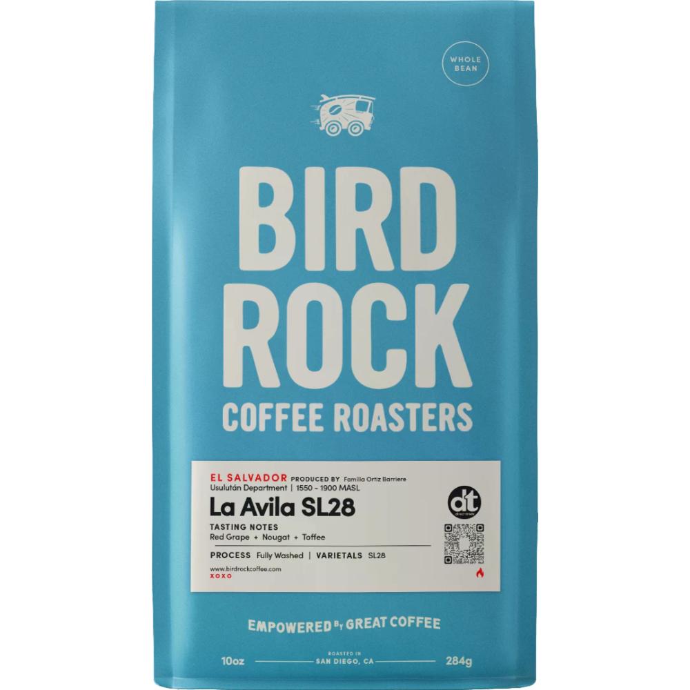 A 10oz bag of Bird Rock Coffee Roasters La Avila SL28 whole bean coffee in a bright blue bag with white text and a white label on the lower front. – Bird Rock Coffee main product