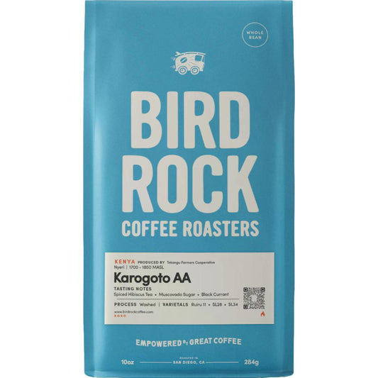 Bird Rock Coffee Roasters package with blue background and white text