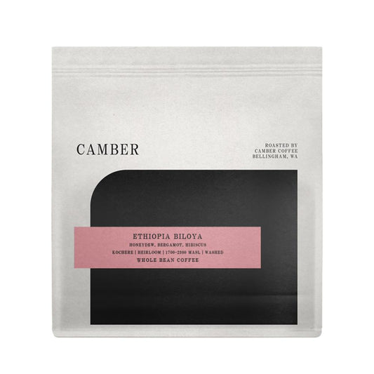 Camber coffee package with black label on a white background