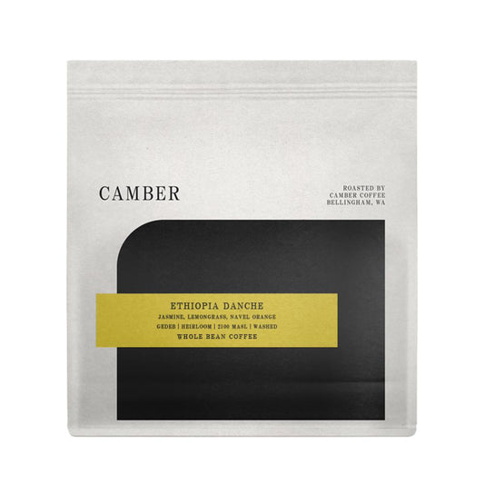 Camber coffee package with black and yellow label on a white background