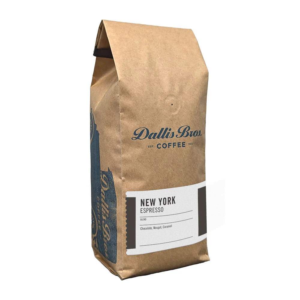 A bag of Dallin Bior Coffee New York Espresso on a plain white background.