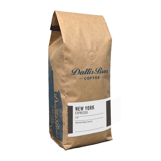 A bag of Dallin Bior Coffee New York Espresso on a plain white background.