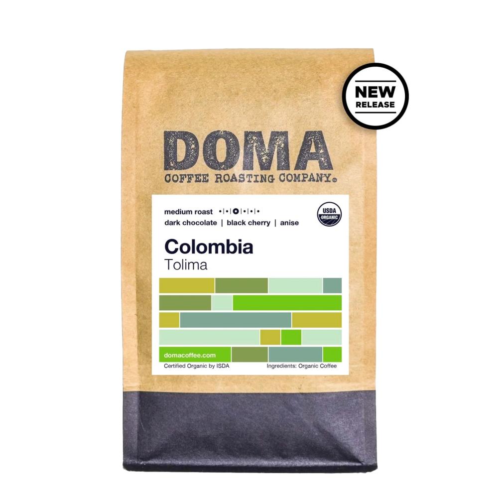 Coffee bag from Doma Coffee Roasting Company with 'New Release' label on a white background