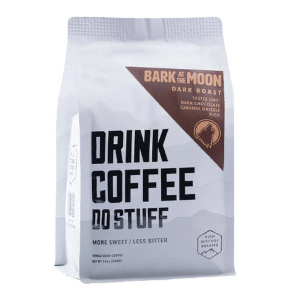 Coffee bag with 'Bark at the Moon' branding and text on a white background