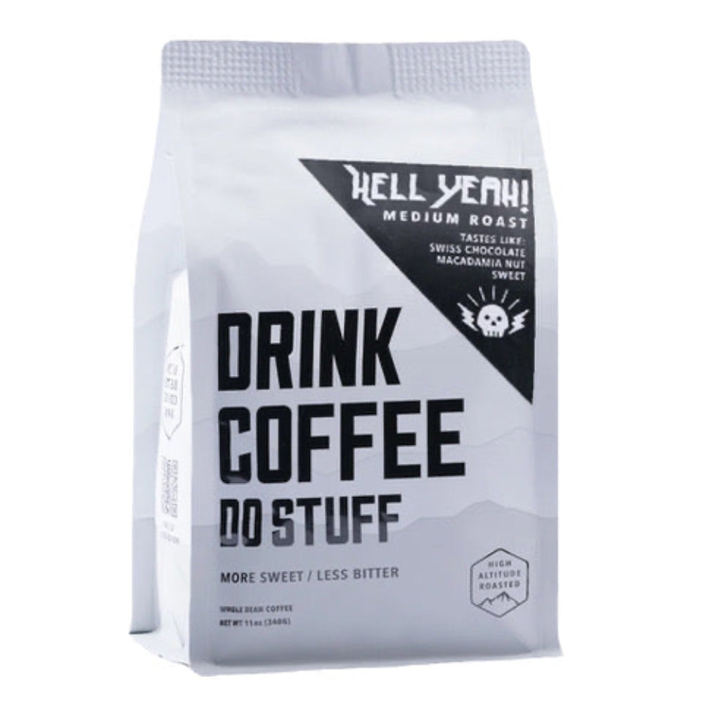 Coffee bag with text 'Drink Coffee Do Stuff' on a white background