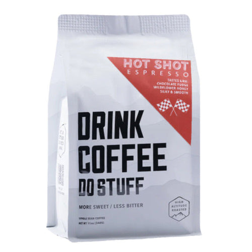 Coffee bag with 'Hot Shot Espresso' branding on a white background
