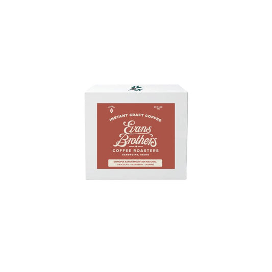 Box of Evans Brothers Coffee Roasters instant craft coffee on a white background