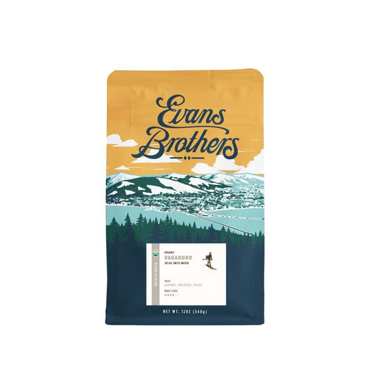 Evans Brothers coffee package with mountain and forest design on a white background