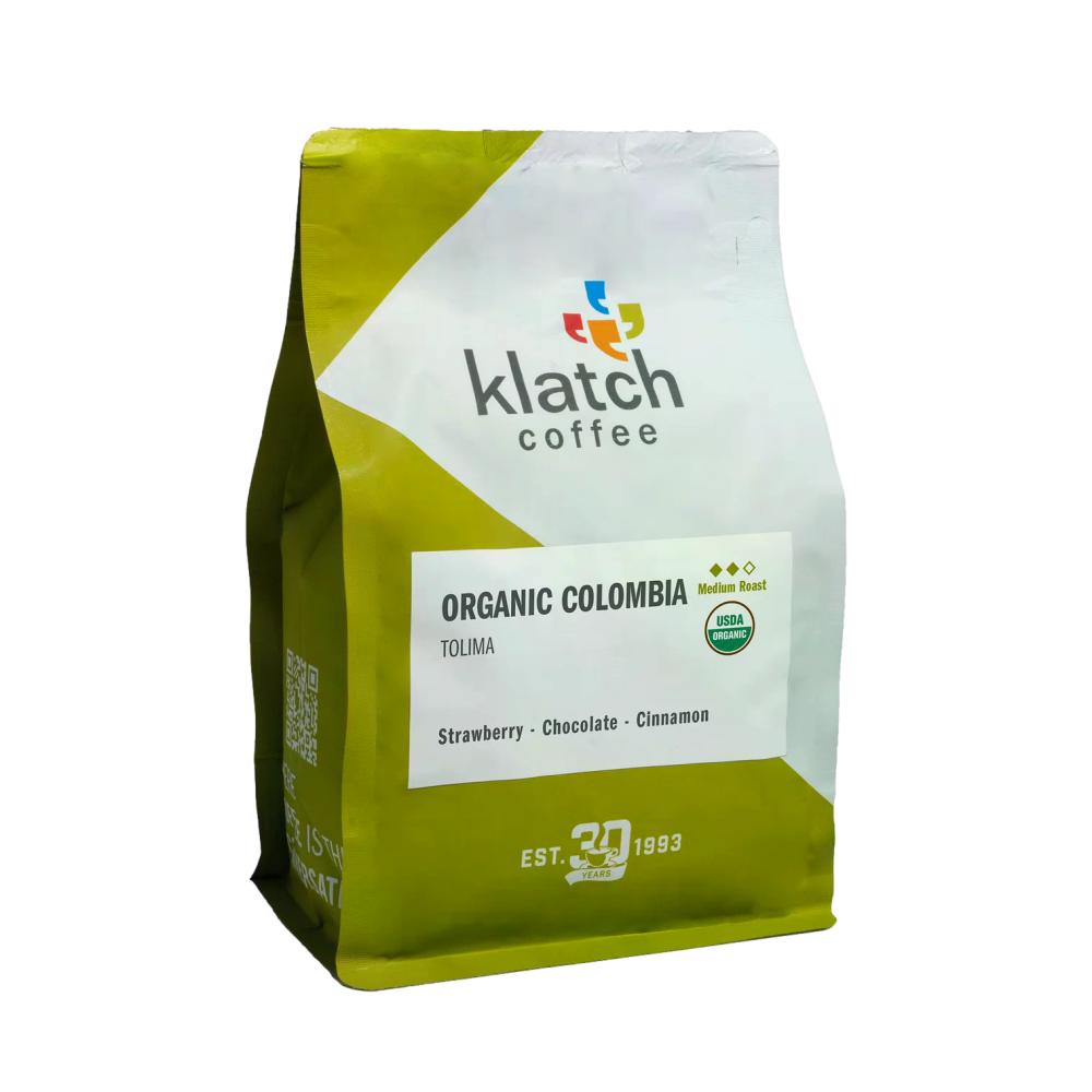 Klatch Coffee Organic Colombia coffee bag on a white background – Klatch Coffee main product