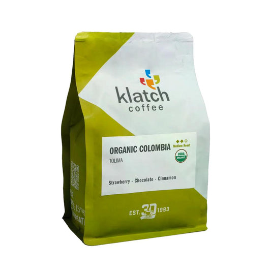 Klatch Coffee Organic Colombia coffee bag on a white background