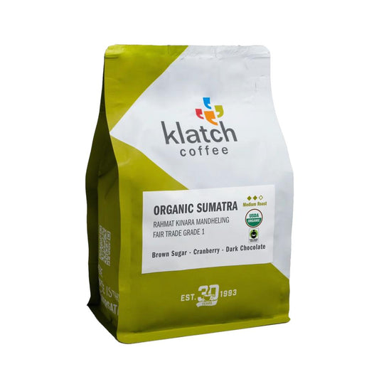 Klatch Coffee Organic Sumatra coffee bag on a white background
