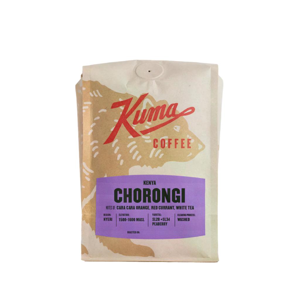 A stand-up pouch of Kuma Coffee Kenya Chorongi, featuring a cream-colored background with a stylized tan coffee bean illustration, red script branding, and a prominent purple label with black text.