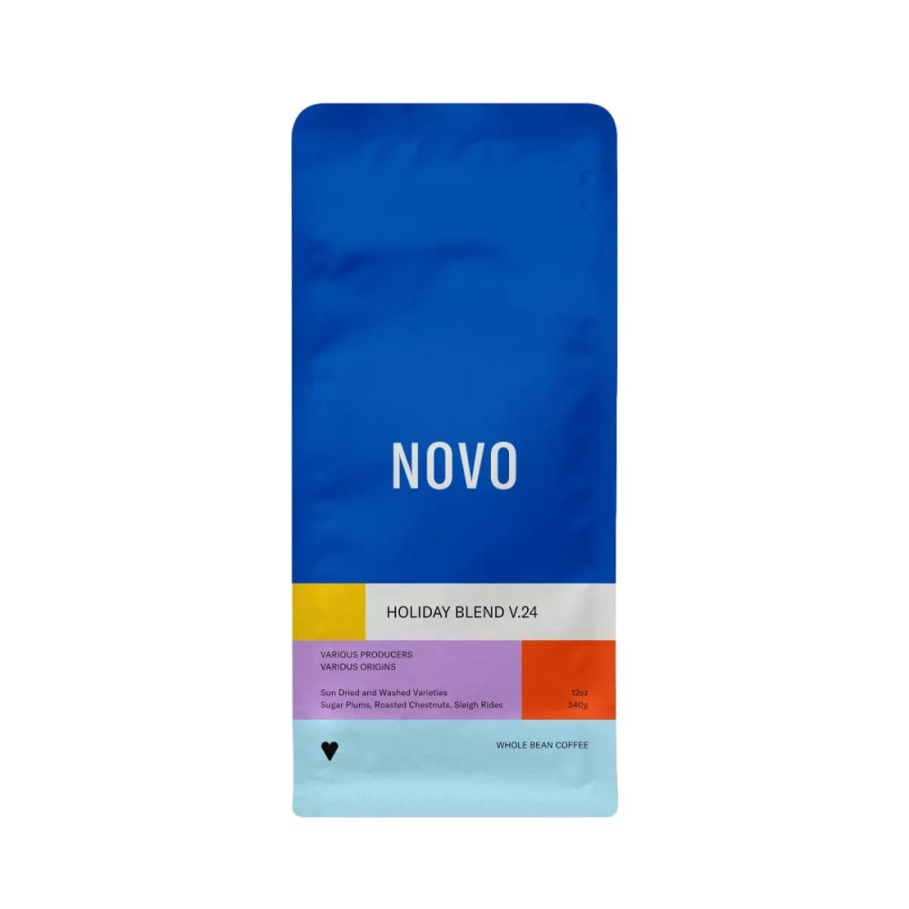 Blue coffee bag with 'NOVO' branding on a white background