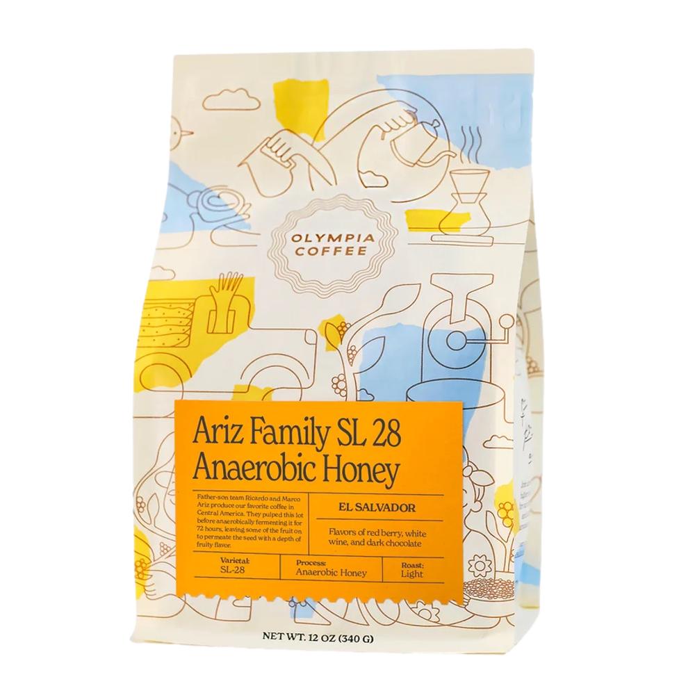 Olympia Coffee Ariz Family SL 28 Anaerobic Honey coffee bag with colorful graphics on a white background – Olympia Coffee main product