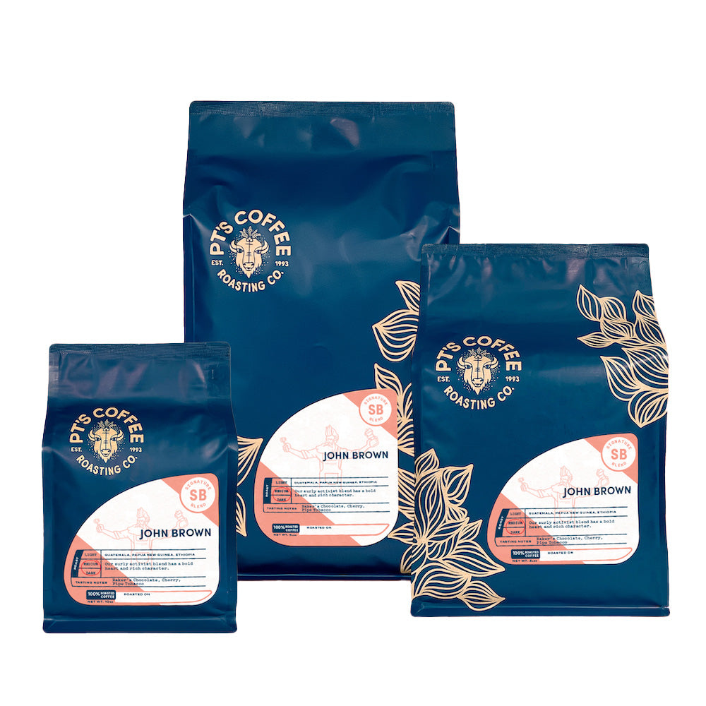 Bags of PT's Coffee Roasting Companies John Brown