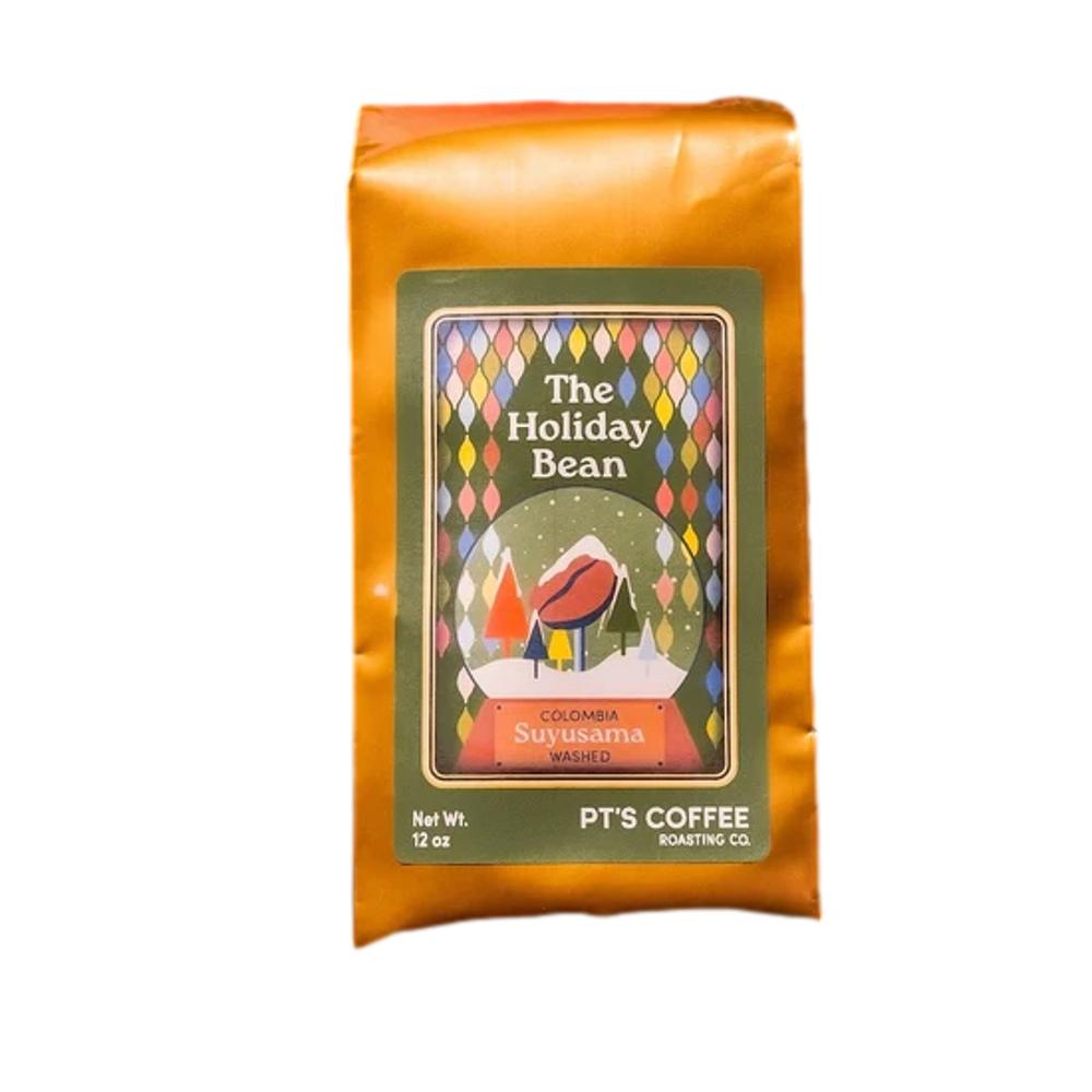 Coffee package labeled 'The Holiday Bean' by PT's Coffee Roasting Co. on a white background