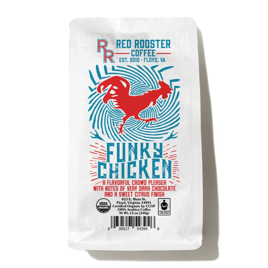 Bag of Red Rooster Organic Decaf Funky Chicken Coffee