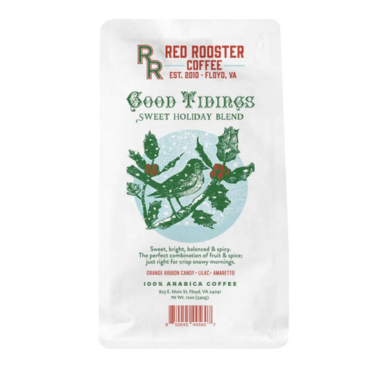 Bag of Red Rooster Coffee Good Tidings Sweet Holiday Blend