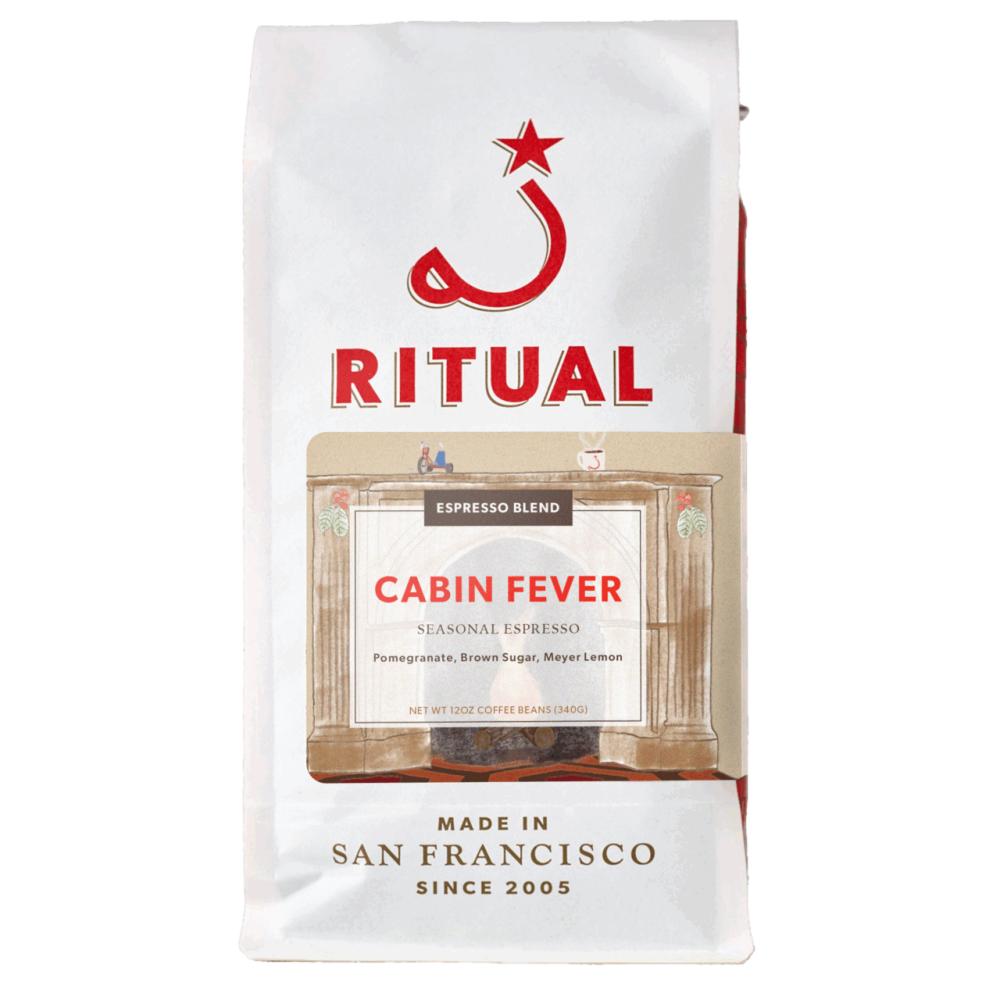 Coffee bag labeled 'Ritual' with 'Cabin Fever' flavor on a white background