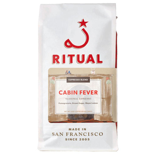Coffee bag labeled 'Ritual' with 'Cabin Fever' flavor on a white background